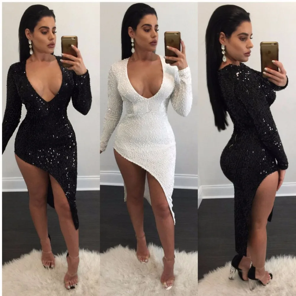 Wholesale Fashion celebrity sexy club dress 2017 new arrivals women spring black white long sleeve v-neck slim hip sequined party dresses Buy Cheap Fashion celebrity sexy club dress 2017 new arrivals women spring black white long sleeve v-neck slim hip sequined party dresses