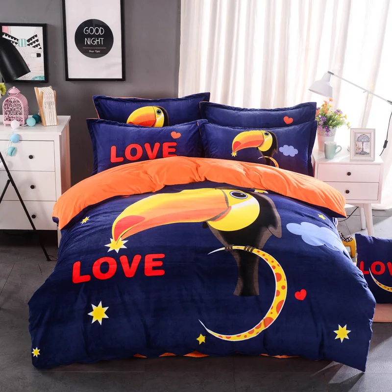 

3/4pcs Crystal Flannel Cartoon Printed Bedding set Winter Warm Fleece Duvet cover set Bed Sheet Pillowcases Twin Queen size