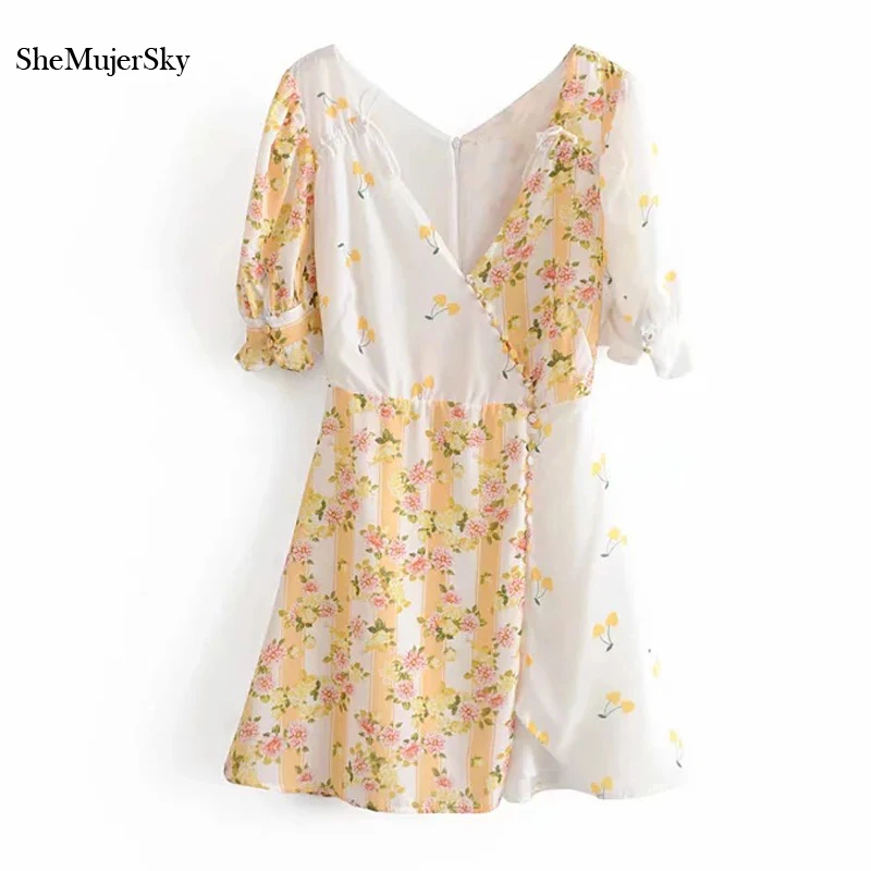 

SheMujerSky Women Summer Beach Dress Floral Spliced Cherry Print Mini Dress Holiday 2019 vestidos Dresses With Lining