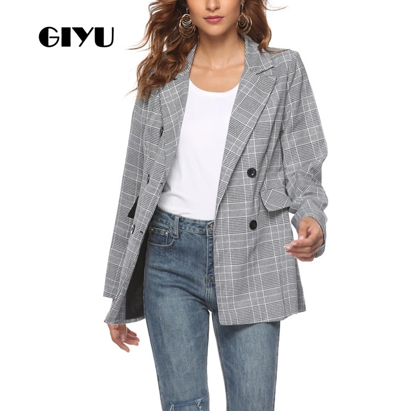 GIYU Spring Women Gray Plaid Printing Blazer Long Sleeve Double Breated Jackets Sexy Slim Tops Casual camiseta mujer
