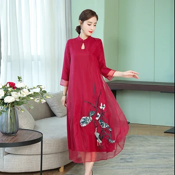 

2019 New Womens Summer Dress Elegant Vintage wine Red White Organza Casual embroidered Long Dress Holiday Beach Party Vestidos
