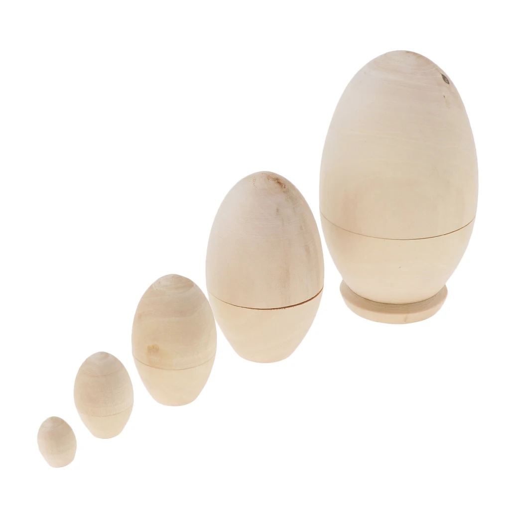 5 Pieces Unpainted Wooden Egg Russian Stacking Dolls Natural Wood Color Babushka Matryoshka Kids Birthday Gift