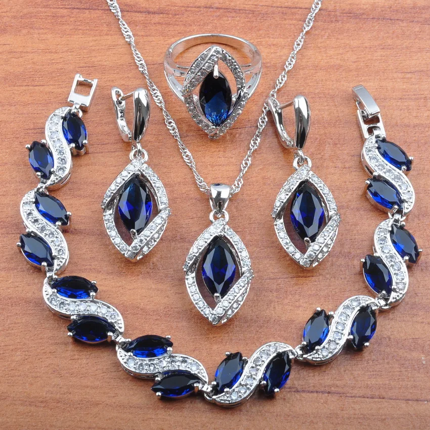 

Gifts For Women Wedding Jewelry Blue Zirconia 925 Sterling Silver Jewelry Set Earrings/Pendant/Necklace/Bracelet/Ring JS0206