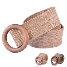 Ceinture tressée en paille Bohe pour femmes, ronde en bois, boucle lisse, couleur unie, Vintage, ceinture tissée pour femmes, collection offre spéciale