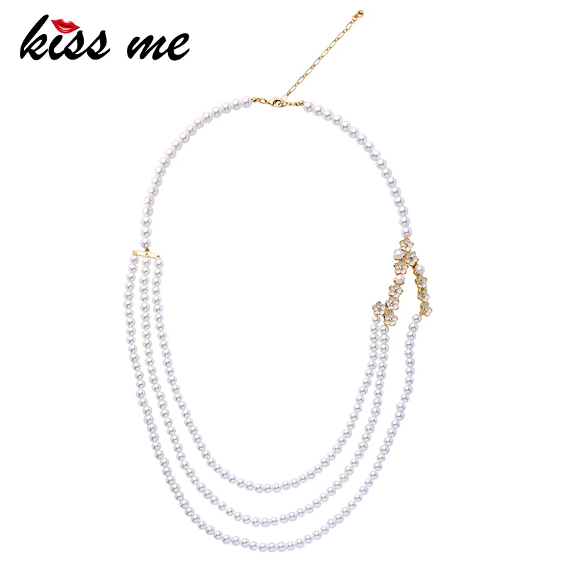 

KISS ME Multilayer Simulated Pearl Necklace Unique Fashion Enamel Flower Long Necklace Women Jewelry