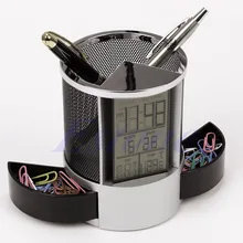 Сетчатый держатель для карандашей с цифровым ЖК-дисплеем, будильник для офиса и рабочего стола, Временный календарь, 2 батарейки