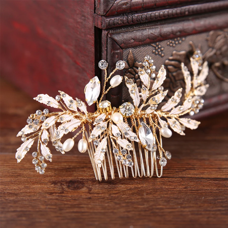 

1pc/lots New Hair Ornament For A Wedding Bride Comb With Rhinestone Pearl Alloy Leaf Tiara Hair Pin Flower Jewelry Accessories