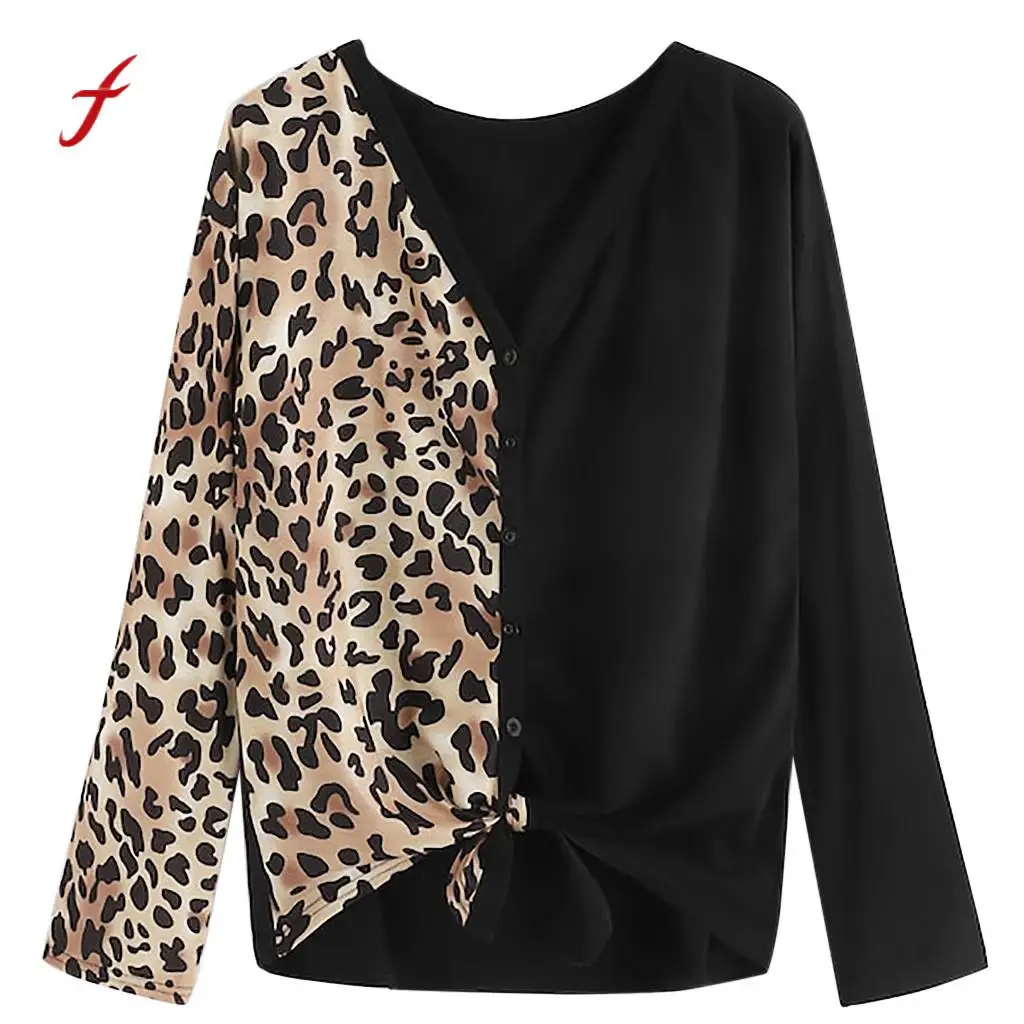 

T shirt women Long Sleeve Leopard Print Panel Knot Hem Tee Button Casual Slim Women Tops T-Shirts plus size feminino