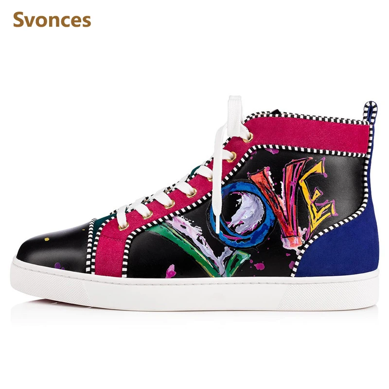 

New Fashion Unisex Casual Sneakers High Top Lace-up Graffiti Designer Mens Boots Mixed Printing Platform Ankle Boots Shoes Man