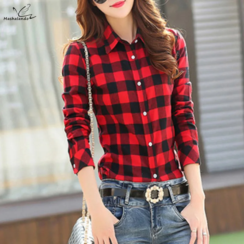 

Women Plaid Blouses 2019 New Cotton Checkered Shirt Cage Female Long Sleeve Casual Slim Women Plus Size Shirt Office Lady Tops