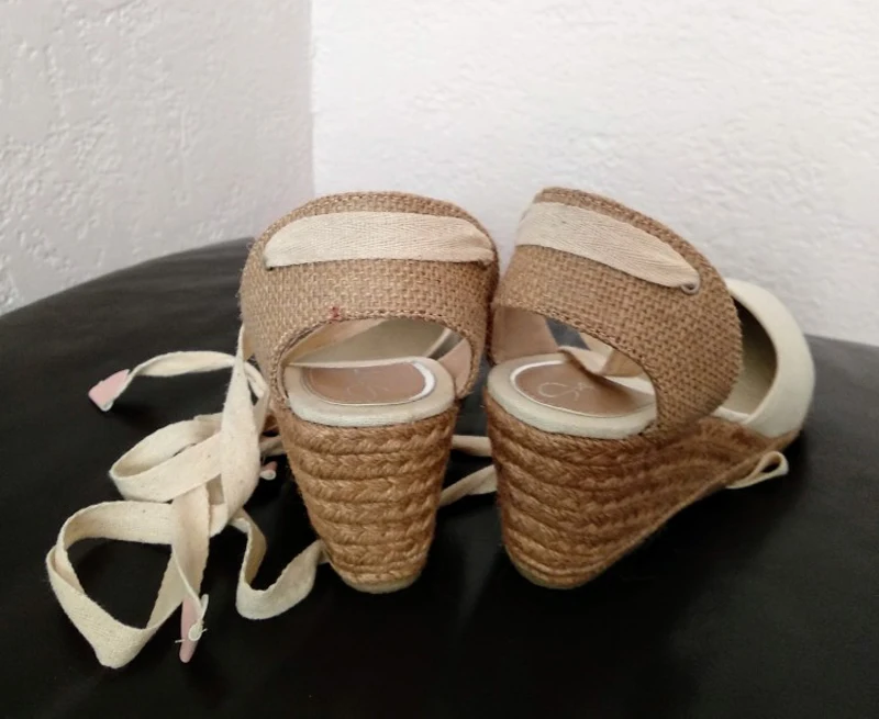 Women Ankle Strap Espadrilles Wedge Sandals 2018 Summer Canvas High Heel Fashion Lace up Women Platform Wedge Sandals Large Size (33)