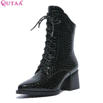 

QUTAA 2019 Women Ankle Boots Synthetic Winter Shoes Platform Zipper Square High Heel Women Motorcycle Boots Big Size 34-42