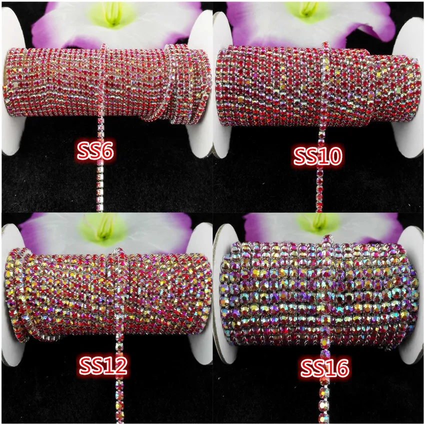 

DIY,10yards, SS6/10/12/16,Red ab color ,Glass Crystal Rhinestone Silver chain compact close rhinestone chain for phone,clothes