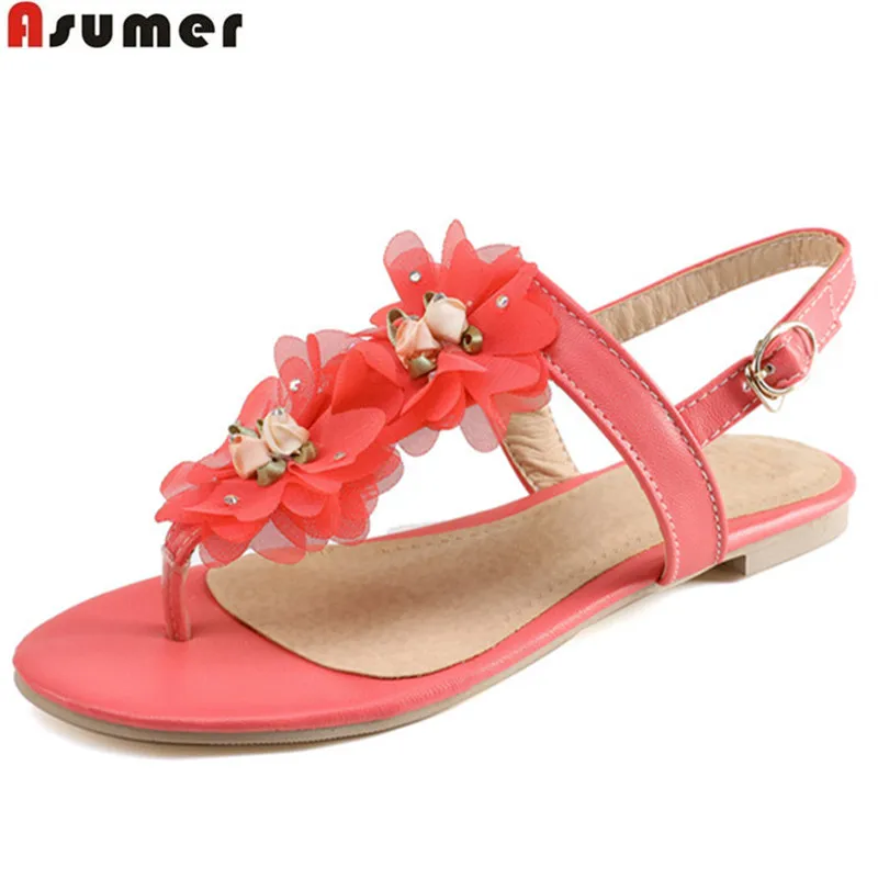 

ASUMER white pink fashion summer ladies shoes buckle casual flat shoes woman flowers comfortable women sandals plus size 33-46