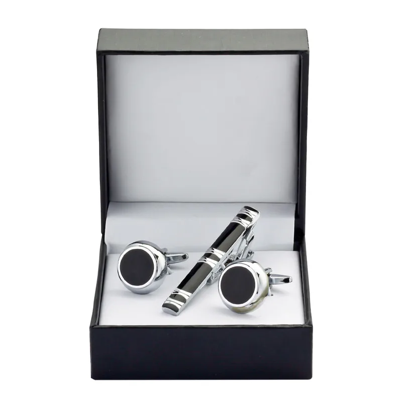 C MAN Classic round Luxury Men Cufflink and Tie Clip Set Black Tie