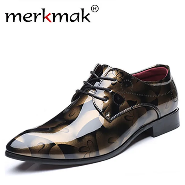 Merkmak/кожаные Мужские модельные туфли с цветочным узором; мужские деловые свадебные туфли на шнуровке; мужские оксфорды на плоской подошве; большие размеры 35-48 - Цвет: Gold Dress Shoes