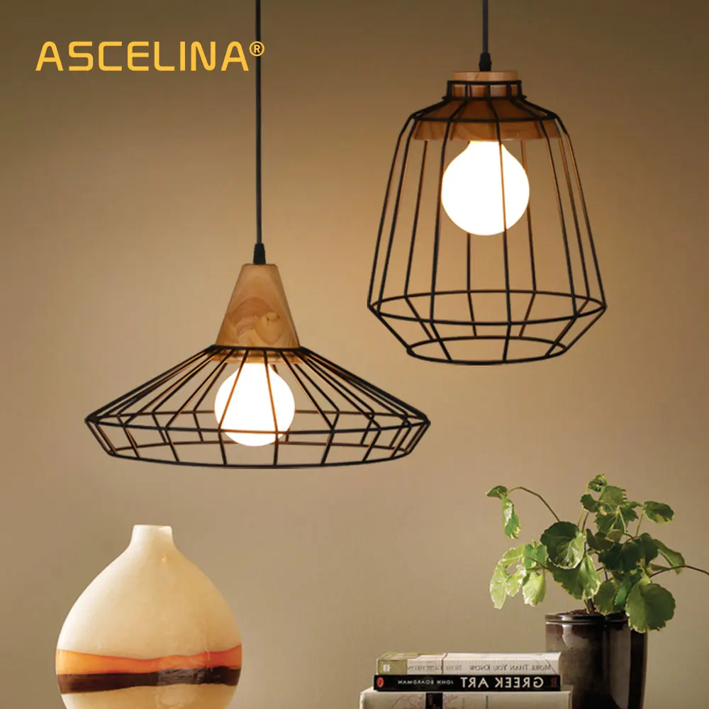  Wood Pendant light Retro Loft Hanging lamp iron cage lampshade pendant bar coffee dining room ASCEL - 32689362041
