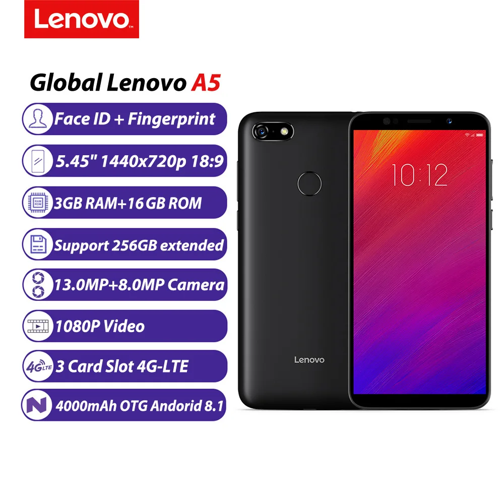 Original Lenovo A5 Mobile Phone 3GB 16GB MTK6739 Quad Core 5.45' Full Screen Smartphone Fingerprint 4G-LTE Cellphone 4000mAh