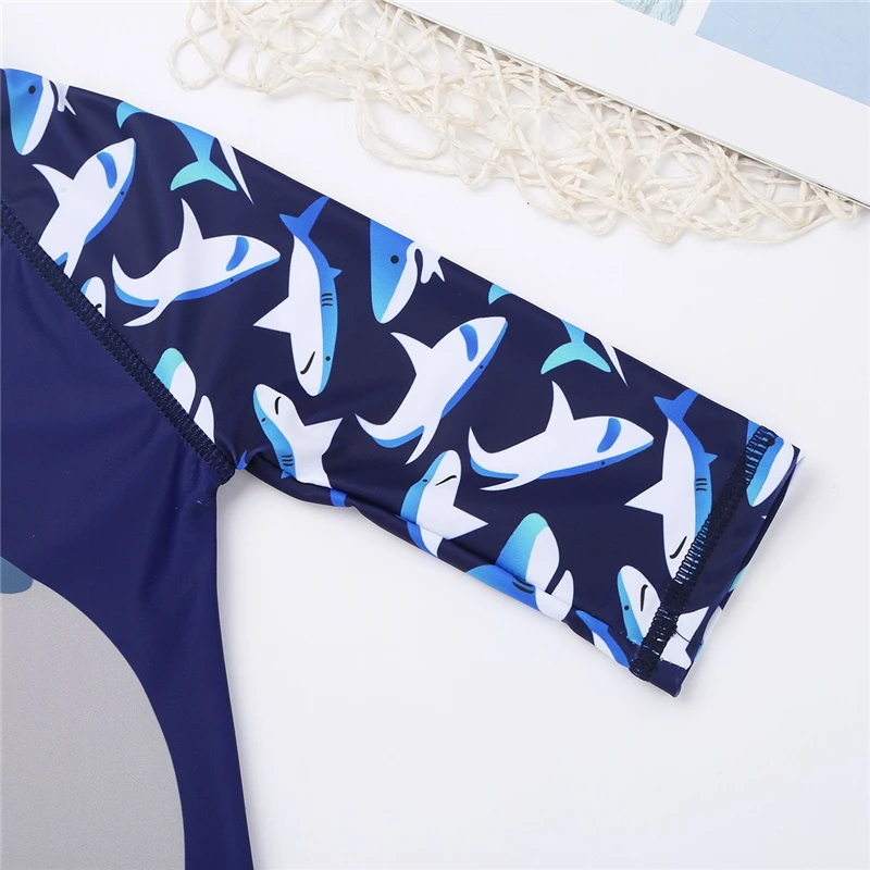 FEESHOW Kids Boys Shark Printed Rash Guard Swimsuit Bathing Suit Long Sleeve Top Shirt with Trunks Swimwear Swimming Cap Set