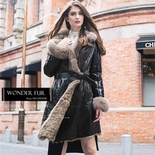 New Technology Double Face Coated Sheepskin Fur Jacket Glorious Style Ladies Fox Fur Hooded Sheep Fur And Leather Coat Windproof