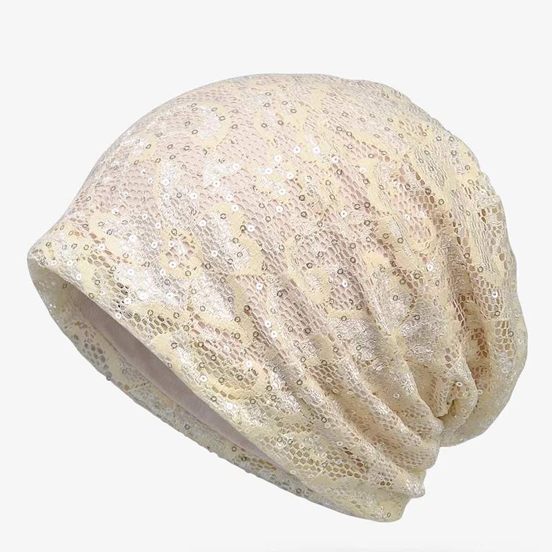 

2018 New Thin Lady Lace Turban Hat Female Summer Sequins Skullies Breathable Cap Women's Beanies Bonnet For Girls