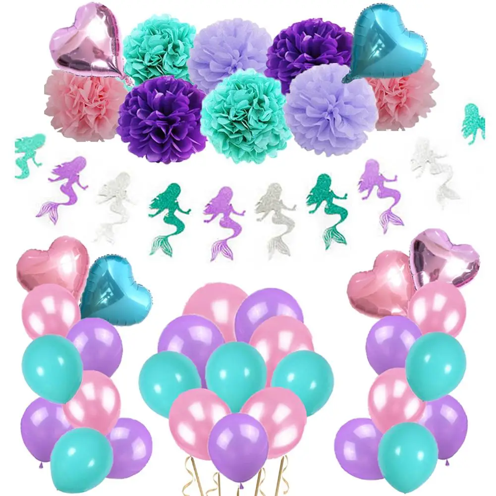 

45PCS Balloons Mermaid Theme Birthday Party Decorations Kids Set Mermaid Bunting Banner Paper Flower Ball Birthday Balloon