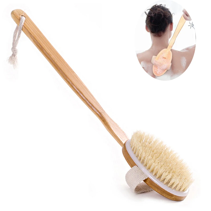 Wooden Bath Brush Nature Bristle Body Brush Long Handle Back Scrubber