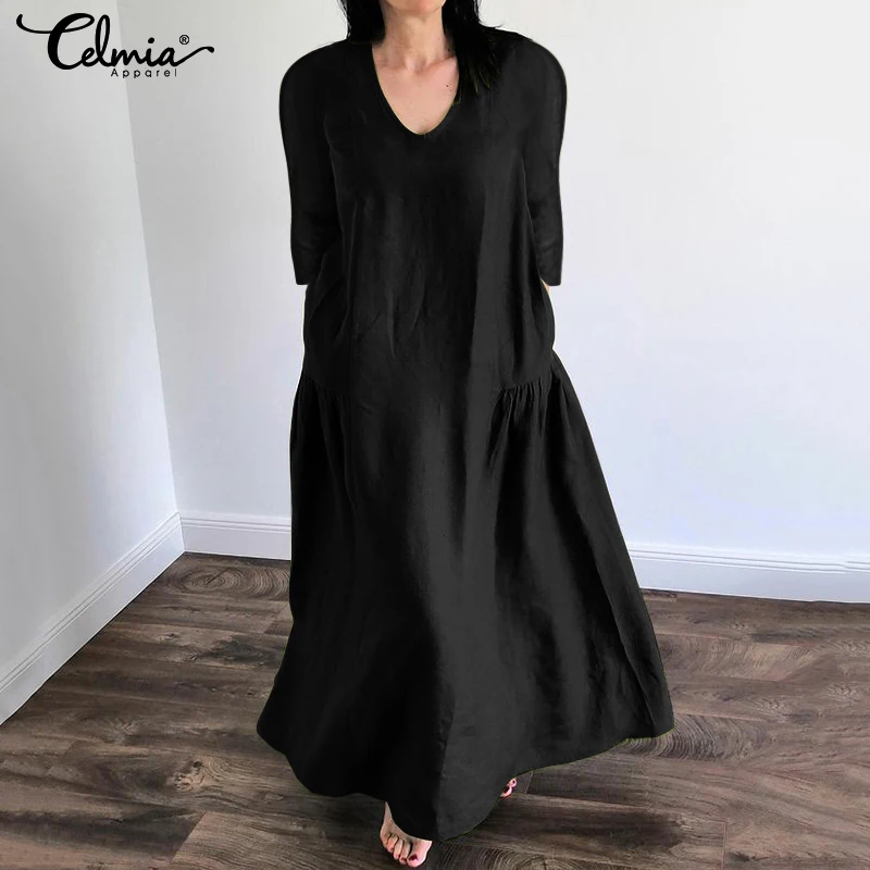 

Women Long Sleeve Solid Round Neck Long Maxi Dress Celmia 2019 Autumn Casual Loose Vintage Shirt Dress Pleated Vestido Plus Size