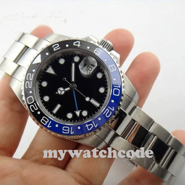 40mm parnis black sterile dial GMT stainless steel strap Ceramic Bezel sapphire glass automatic mens watch 268 | Наручные часы