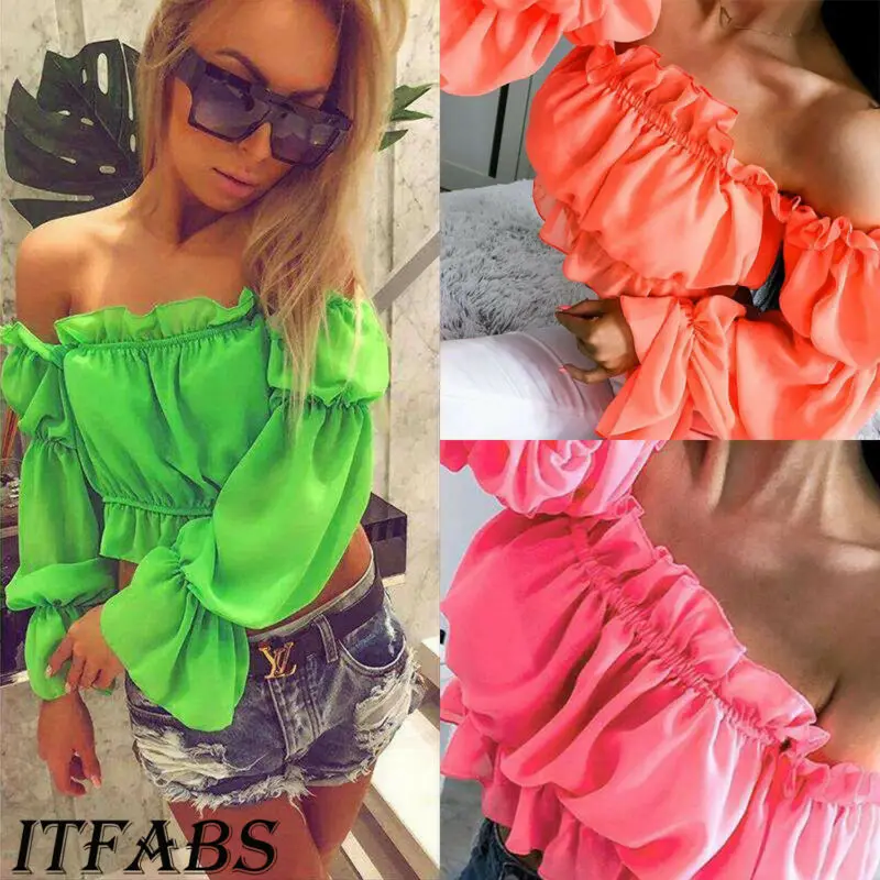 

Women Chiffon Blouses Sweet Girls Summer Ruffles Off Shoulder Long Sleeve Loose Shirt Puff Sleeve Blouse Corp Tops Shirt 3Colors