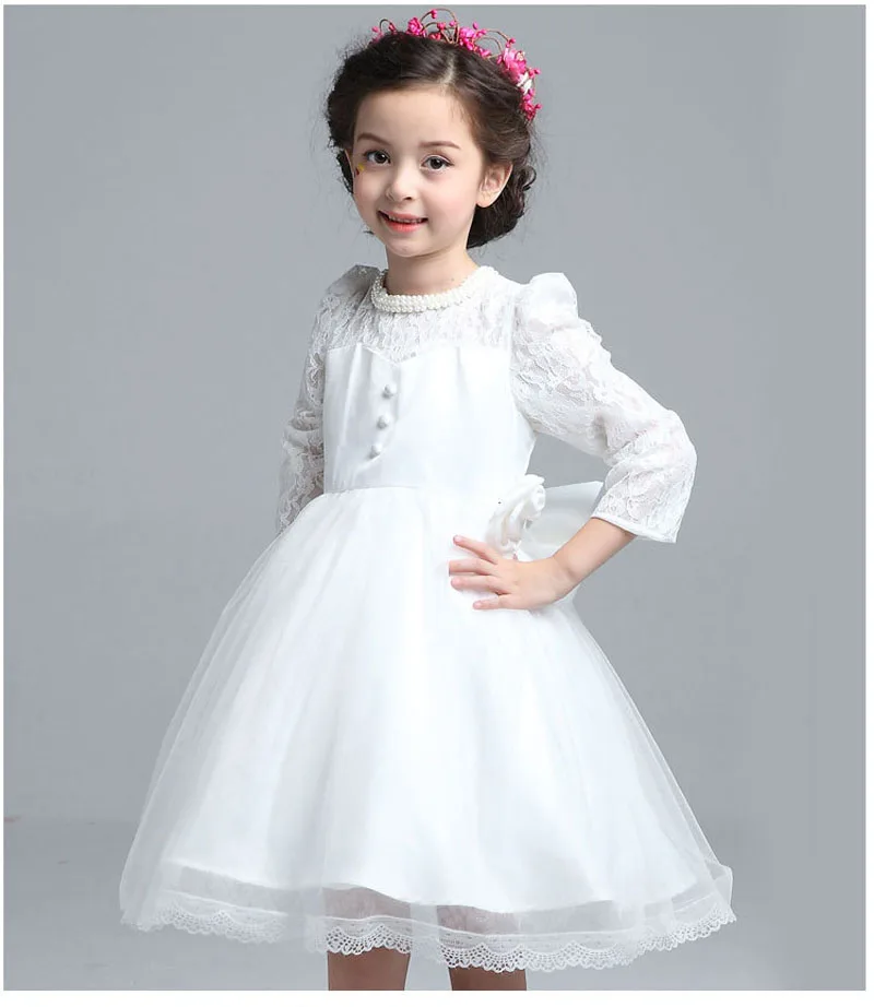 Flower Girls Long Sleeve Dresses Winter Big Bow On The Back Lace