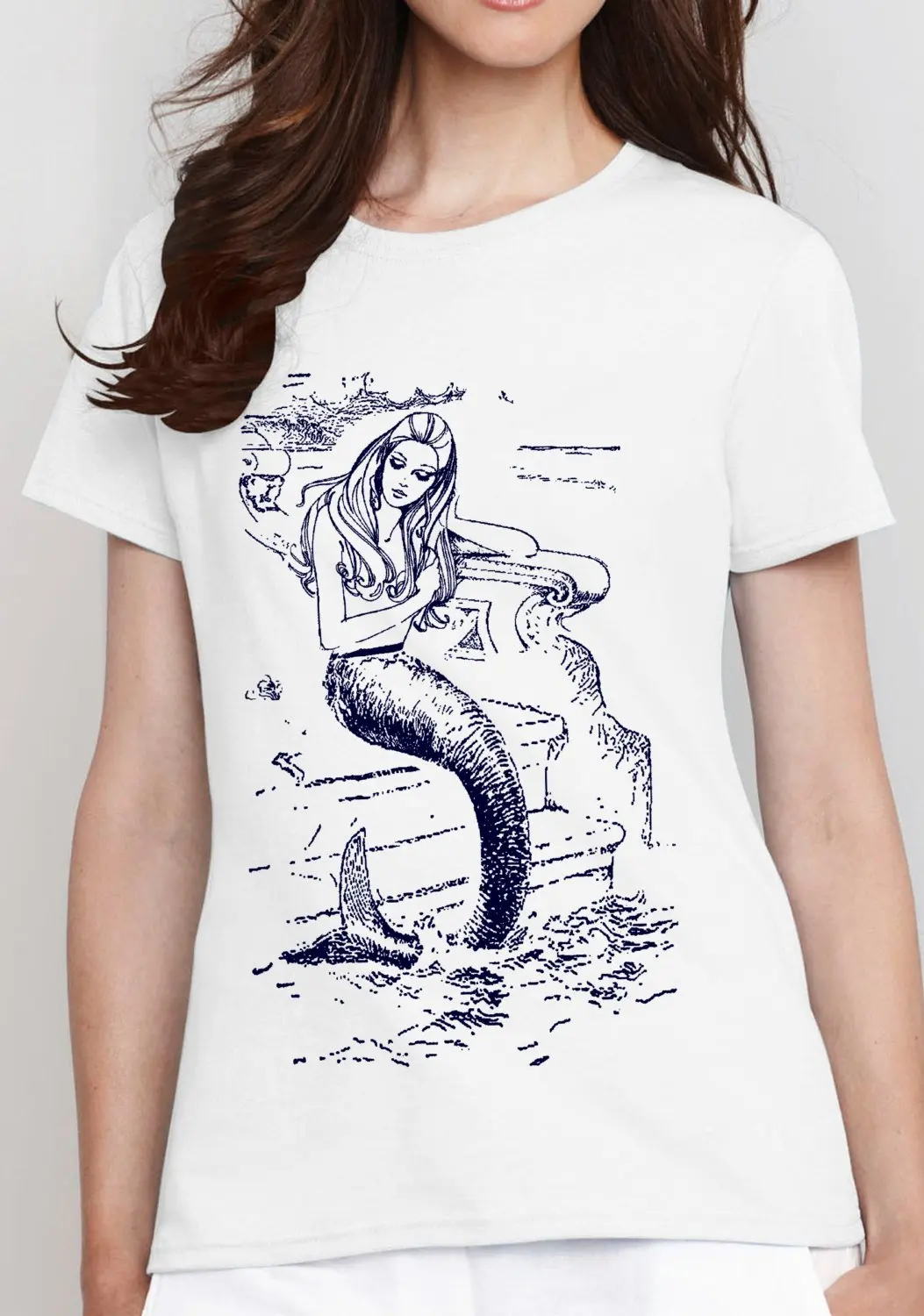 2019 Brand Mermaid Printed Beauty Womens Tshirts Summer Cotton Graphic