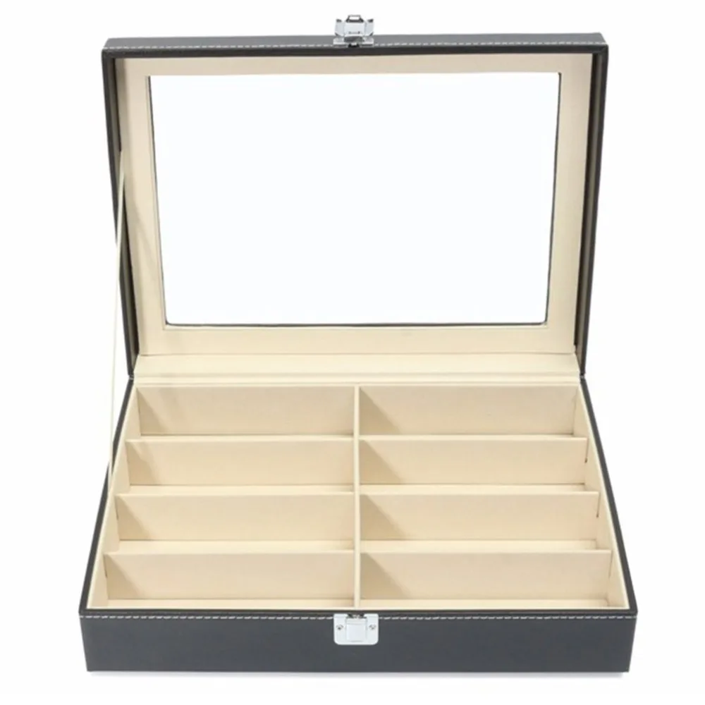 Высокое качество кожа 8 сетки коробка для хранения очков для мужчин и женщин солнцезащитные очки Чехол Шкатулка для очков дисплей Органайзер с крышкой