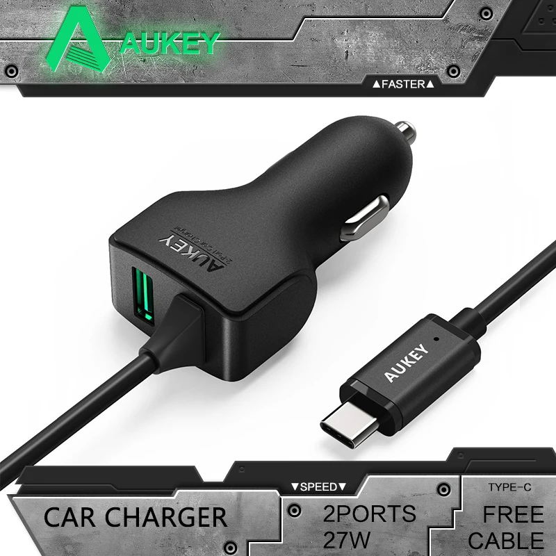 AUKEY Universal 27W/5.4A Type C 2 Ports Smart Turbo USB Car Charger With AIPower Tech Fast USB