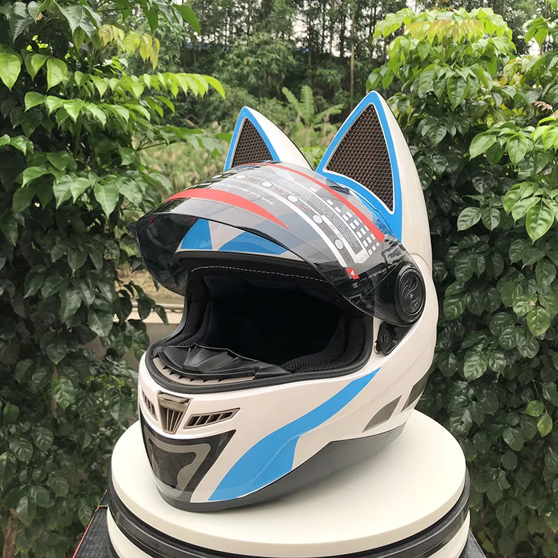 Милые кошачьи ушки для автомобильных гонок, противотуманный шлем для всего лица, мотоциклетный шлем, маска для всего лица, белый, синий шлем