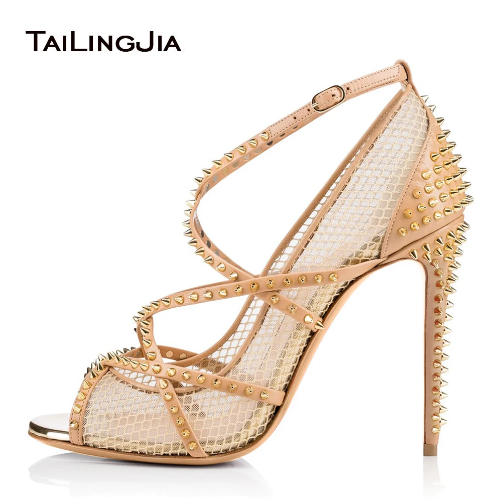 

Peep Toe Fishnet High Heel Spikes Pumps for Women Studded Heels Nude Strappy Heels Black Mesh Sandals Ladies Summer Shoes 2019