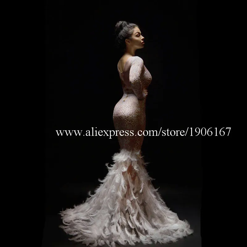 

Sexy Lady Stage Performance Nightclub Party Evening Wedding Dress Rhinestone Feather Fishtail Skirt Dance Suit