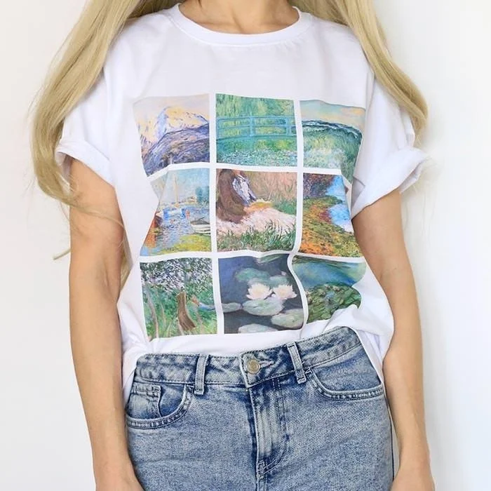 

sunfiz YF Vintage Monet Painting T-Shirt Summer fashion Women top tee Soft Grunge Aesthetic Printed Tee Cool Tops