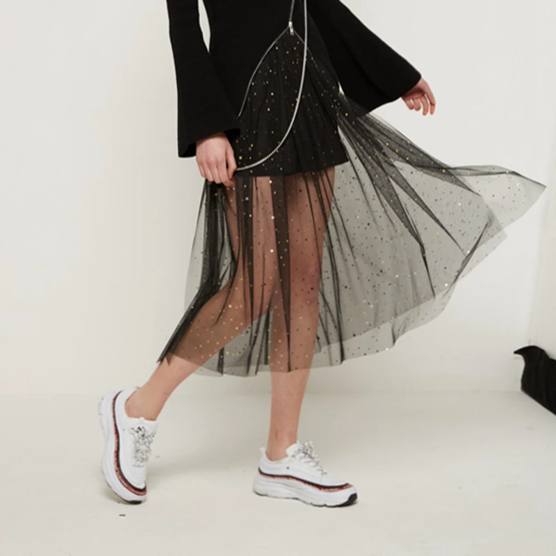 

Women Summer Stars Mesh Long Pleated Skirt Casual Sexy High Waist Transparent Stars Lace Hollow Out Bodycon Black Skirts 190