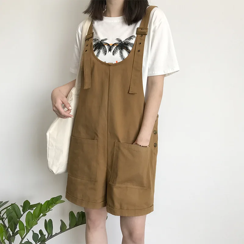 2018 Summer Casual Overalls Women Khaki Adjustable Strap Preppy Style
