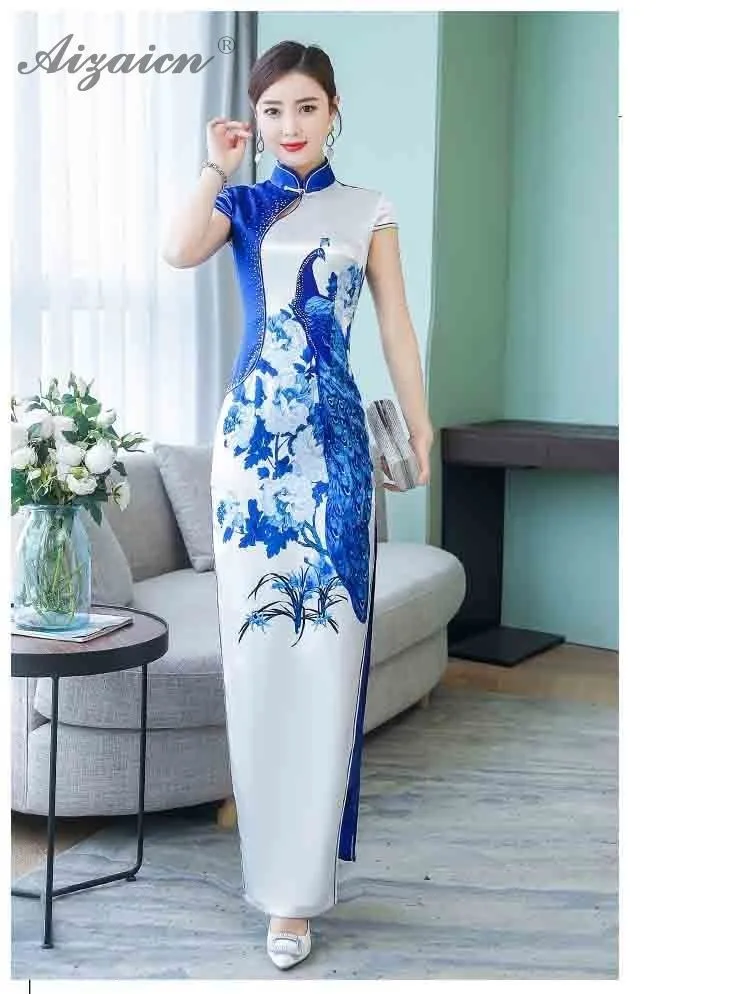 2019 модные сине белые Cheongsam атласное с узором длинное платье Qipao для женщин Традиционный китайский платья для Orientale Стиль Вечерние
