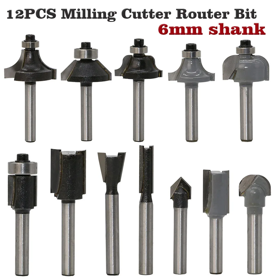 

12pcs Milling Cutter Router Bit Set 6mm Wood Cutter Carbide Shank Mill Woodworking Trimming Engraving Carving Cutting Tools