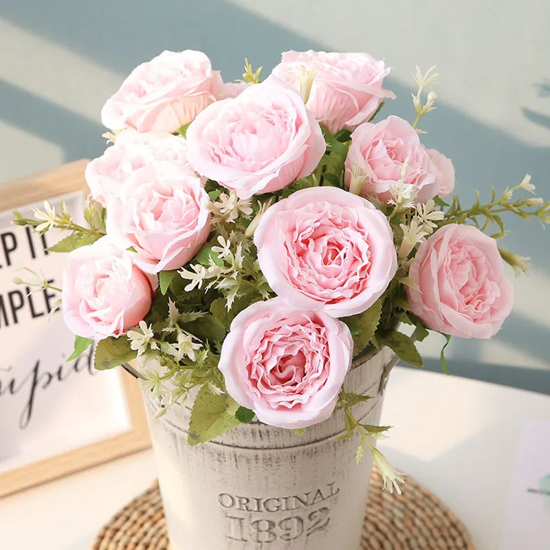 Flone High Quality Silk 12 Head Rose Bouquet Fake Flowers Artificial Flowers Tea Rose Wedding Living Room Decoration Accessories (12)
