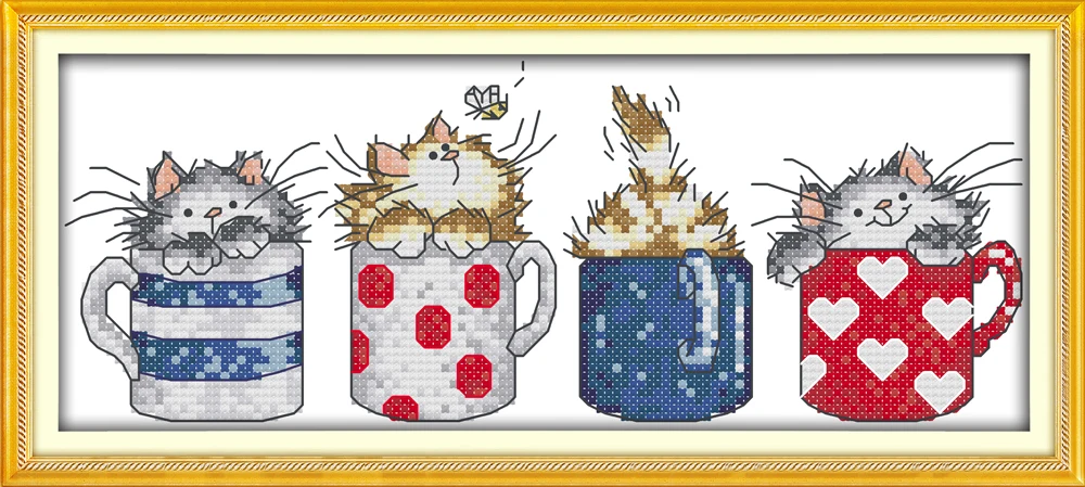 

Cats hide in the cups, counted printed on fabric DMC 14CT 11CT Cross Stitch kits,embroidery needlework Sets Home Decor