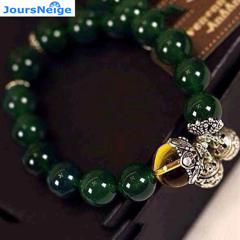 

JoursNeige Natural Green Chalcedony Crystal Bracelets 12mm beads Lucky for Women Tibetan Silver Jewelry Accessories