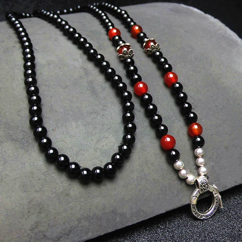 

FNJ 925 Silver Beaded Chain Necklace for Jewelry Making New Fashion Red Black Stone Original S925 Thai Silver Women Necklaces