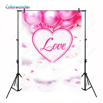 

Photography Background Pink Heart with Love 5x7ft Pink Balloons and Petals White Clouds Backdrops for Wedding Valentine's Day