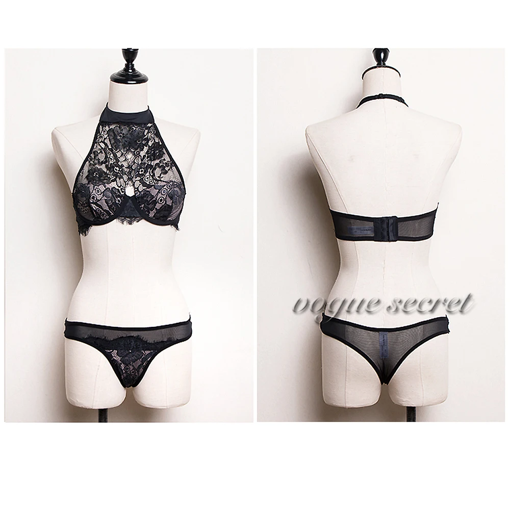 YANDW New Transparent Panties Halter Bra Set Embroidery Black Sexy lingerie Lace Bralette Flower Elegant Bras Sets For Women