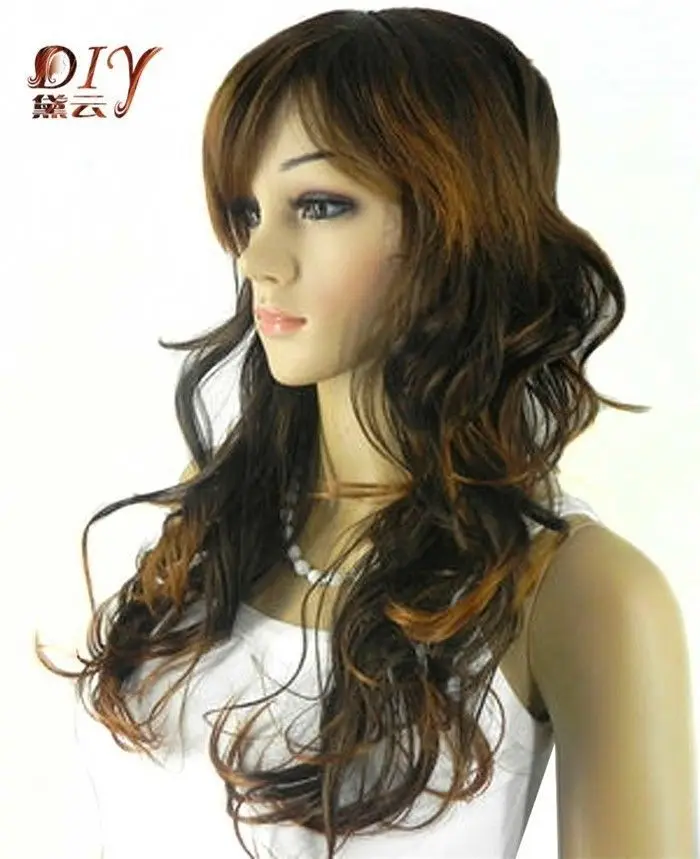 

shun wig.01951 Fastshipping Women Dark Brown Mix Long Wavy Synthetic Inclined Bangs Hair Full Cosplay Wig