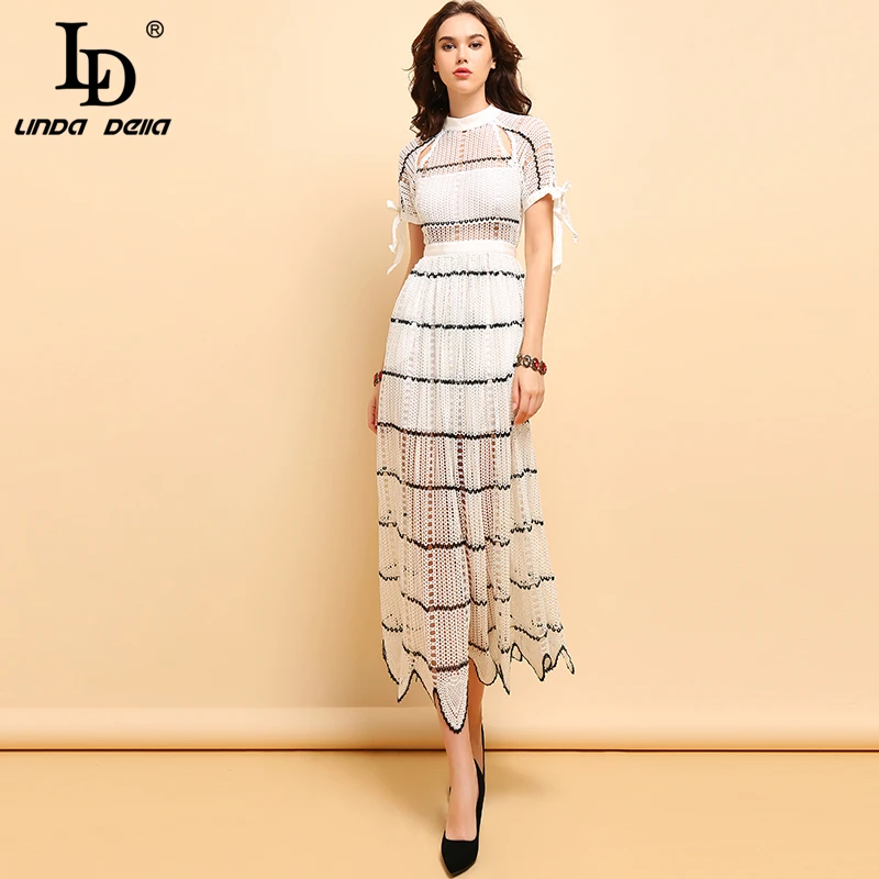 

LD LINDA DELLA Fashion Runway Long Dress Women's Striped Vintage Embroidery Bow Tie Hollow Out Lace Elegant Party Dresses